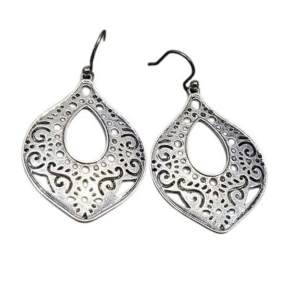Lucky Brand Silver Tone Filigree Teardrop Dangle Earrings Openwork Boho Vintage
